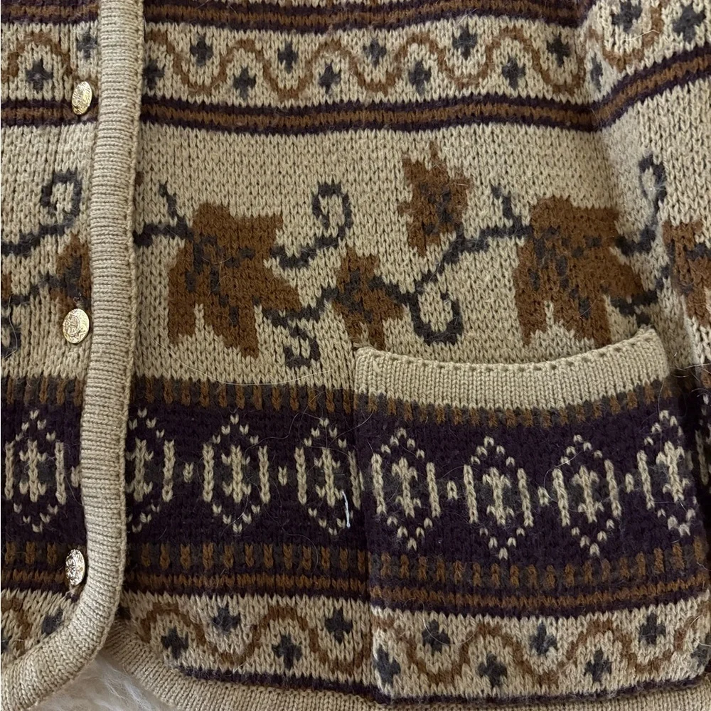 Liz Baker 80’s Fall Leaves Patterned Cardigan Sweater - Tan and Brown - Picture 4 of 6